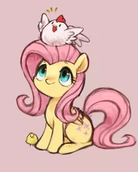 Size: 681x849 | Tagged: safe, artist:kei05, derpibooru import, fluttershy, chicken, pegasus, pony, chick, folded wings, looking up, pink background, simple background, sitting, solo