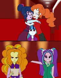 Size: 2425x3092 | Tagged: safe, artist:feroxultrus, derpibooru import, adagio dazzle, aria blaze, sci-twi, sonata dusk, twilight sparkle, oc, fanfic, equestria girls, friendship games, fanfic art, jealous, restaurant, story included