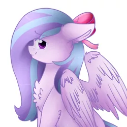 Size: 1000x1000 | Tagged: safe, artist:twinkepaint, derpibooru import, oc, oc:elizabeth, unofficial characters only, pegasus, pony, bow, cheek fluff, chest fluff, ear fluff, female, fluffy, hair bow, mare, shoulder fluff, simple background, solo, white background, wing fluff