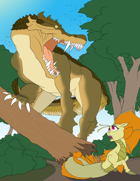 Size: 3864x5000 | Tagged: absurd resolution, adagio dazzle, angry, artist:feroxultrus, bird, chase, crocodile, derpibooru import, escape, foal, forest, kaprosuchus, monster, safe, siren, tree