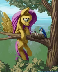 Size: 800x1000 | Tagged: artist:lexx2dot0, bird, bird nest, derpibooru import, feeding, fluttershy, forest, looking at something, mouth hold, nest, safe, scenery, solo, spread wings, tree, tree branch