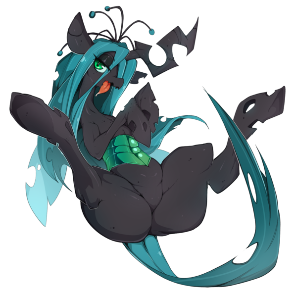 Size: 1187x1200 | Tagged: artist:slugbox, changeling, derpibooru import, featureless crotch, female, queen chrysalis, solo, solo female, spreading, spread legs, suggestive, sultry pose