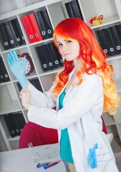 Size: 1130x1600 | Tagged: safe, artist:sunny-tooi, derpibooru import, sunset shimmer, human, equestria girls, clothes, cosplay, costume, gloves, image, irl, irl human, jpeg, lab coat, medical gloves, photo, plushie, rubber gloves, solo, sunset the science gal