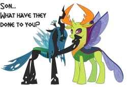 Size: 1280x880 | Tagged: artist:sersys, changedling, changeling, changeling drama, changeling king, changeling queen, crying, derpibooru import, despair, dialogue, draco in leather pants, female, hoof on cheek, king thorax, male, mother and son, open mouth, out of character, queen chrysalis, raised hoof, sad, safe, simple background, spread wings, teary eyes, thorax, to where and back again, transparent background