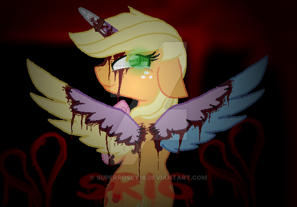 Size: 600x419 | Tagged: applejack, artificial alicorn, artificial unicorn, artist:superrosey16, blood, body parts, derpibooru import, fluttershy, from behind, glowing eyes, grimdark, horn, implied murder, josef mengele, looking back, looking over shoulder, mane six, pinkie pie, possessed, rainbow dash, rarity, stitches, twilight sparkle, watermark, wings