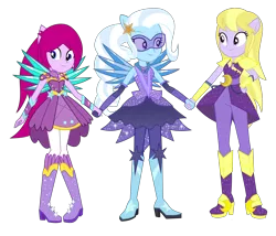 Size: 4850x4160 | Tagged: safe, artist:limedazzle, artist:pink1ejack, derpibooru import, fuchsia blush, lavender lace, trixie, equestria girls, legend of everfree, absurd resolution, alternate universe, boots, crescent moon, crystal guardian, crystal wings, female, glasses, high heel boots, holding hands, moon, simple background, smiling, sparkles, super ponied up, transparent background, trio, trixie and the illusions, vector, wings