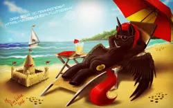 Size: 1024x640 | Tagged: safe, artist:das_leben, derpibooru import, oc, oc:dark star, unofficial characters only, alicorn, pony, alicorn oc, armpits, beach, beach chair, book, juice, lemonade, ocean, original character do not steal, red and black oc, relaxing, sailboat, sand, sandcastle, signature, solo, sunglasses, table, umbrella