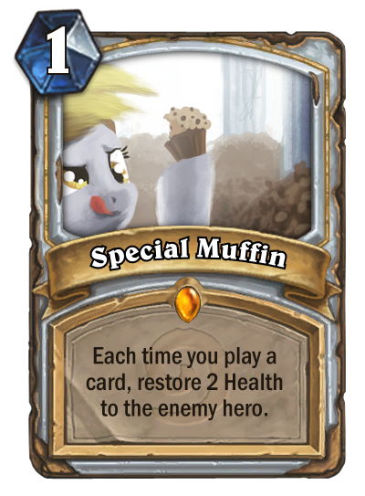 Size: 400x543 | Tagged: safe, artist:cannibalus, derpibooru import, derpy hooves, pegasus, pony, card, collectible card game, crossover, food, hearthstone, legendary, muffin, muffin queen, priest, solo, trading card, trading card game, warcraft