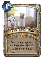 Size: 400x543 | Tagged: safe, artist:cannibalus, derpibooru import, derpy hooves, pegasus, pony, card, collectible card game, crossover, food, hearthstone, legendary, muffin, muffin queen, priest, solo, trading card, trading card game, warcraft