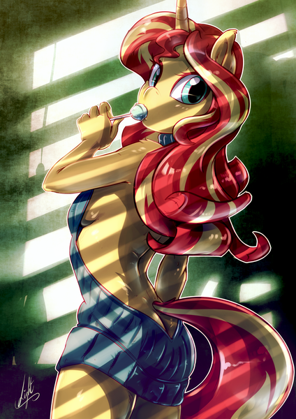 Size: 1767x2500 | Tagged: suggestive, artist:light262, artist:lummh, derpibooru import, sunset shimmer, anthro, unicorn, equestria girls, backless, breasts, bunset shimmer, buttcrack, candy, clothes, female, food, from behind, lollipop, looking at you, looking back, open-back sweater, rear view, sexy, sideboob, sleeveless sweater, solo, solo female, sucking, sunlight, sweater, virgin killer sweater