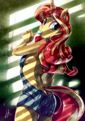 Size: 1767x2500 | Tagged: suggestive, artist:light262, artist:lummh, derpibooru import, sunset shimmer, anthro, unicorn, equestria girls, backless, breasts, bunset shimmer, buttcrack, candy, clothes, female, food, from behind, lollipop, looking at you, looking back, open-back sweater, rear view, sexy, sideboob, sleeveless sweater, solo, solo female, sucking, sunlight, sweater, virgin killer sweater