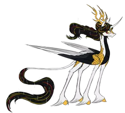 Size: 2327x2101 | Tagged: safe, artist:australian-senior, derpibooru import, oc, oc:niomedes invictus, unofficial characters only, alicorn, kirin, kirindos, alternate universe, antlers, colored hooves, colored sclera, crossover, curved horn, glados, golden eyes, image, leonine tail, png, portal, portal (valve), portal 2, rough sketch, scales, simple background, solo, transparent background, unshorn fetlocks