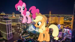 Size: 2044x1150 | Tagged: safe, artist:kired25, artist:logan859, artist:reginault, deleted from derpibooru, derpibooru import, applejack, pinkie pie, earth pony, pony, giant pony, highrise ponies, irl, las vegas, macro, nevada, photo, ponies in real life