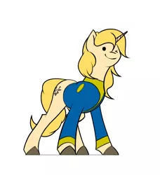 Size: 2784x3058 | Tagged: safe, artist:rublegun, derpibooru import, ponified, pony, unicorn, fallout equestria, blonde, clothes, crossover, fallout, female, mare, one eye closed, simple background, solo, white background, wink