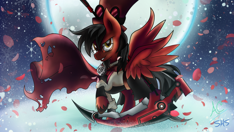 Size: 1024x576 | Tagged: safe, artist:animechristy, derpibooru import, oc, oc:toonkriticy2k, unofficial characters only, pony, clothes, commission, cosplay, costume, crossover, goggles, moon, red and black oc, rooster teeth, ruby rose, rwby, scythe, snow, snowflake, solo