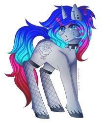 Size: 2466x2729 | Tagged: safe, artist:kurochhi, derpibooru import, oc, oc:neon wave, unofficial characters only, pony, unicorn, art trade, choker, ear piercing, female, fishnets, mare, multicolored hair, nose piercing, nose ring, piercing, simple background, solo, spiked choker, transparent background