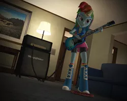 Size: 1280x1024 | Tagged: safe, artist:johnflaherty, derpibooru import, rainbow dash, equestria girls, 3d, amplifier, boots, bracelet, clothes, compression shorts, electric guitar, gmod, guitar, indoors, jewelry, practice, skirt, socks, solo, speakers