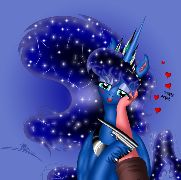 Size: 5273x5258 | Tagged: safe, artist:max, derpibooru import, princess luna, human, pony, absurd resolution, anonymous self insert, blushing, cheek squish, constellation, crown, cute, earring, heart, human arm, human on pony petting, jewelry, offscreen character, petting, piercing, purring, regalia, self insert, squishy cheeks