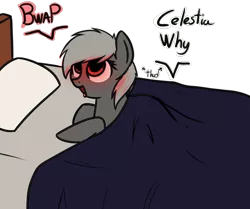 Size: 1280x1070 | Tagged: safe, artist:neuro, derpibooru import, oc, oc:alarmie, ponified, unofficial characters only, alarm clock pony, object pony, original species, pony, alarm, alarm clock, bed, clock, female, glowing eyes, implied anon, mare, solo, tongue out