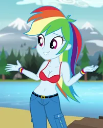 Size: 540x670 | Tagged: suggestive, derpibooru import, edit, edited screencap, editor:ah96, screencap, rainbow dash, equestria girls, legend of everfree, belly button, bra, breast edit, breasts, cleavage, clothes, cropped, female, jeans, pants, red underwear, solo, underwear, underwear edit