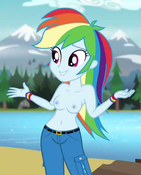 Size: 540x670 | Tagged: questionable, derpibooru import, edit, edited screencap, editor:ah96, screencap, rainbow dash, human, equestria girls, legend of everfree, belly button, breast edit, breasts, clothes, cropped, female, grin, jeans, nipples, nude edit, nudity, pants, partial nudity, partial nudity edit, smiling, solo, solo female, topless, topless edit, tree