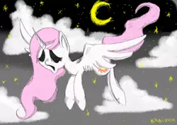 Size: 4092x2893 | Tagged: semi-grimdark, artist:drhikari, derpibooru import, princess celestia, alicorn, pony, absurd resolution, black sclera, cloud, crescent moon, flying, moon, night, nightmare fuel, open mouth, pink-mane celestia, solo, spread wings, stars