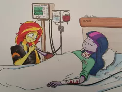 Size: 1024x769 | Tagged: semi-grimdark, artist:missmayaleanne, derpibooru import, part of a set, sci-twi, sunset shimmer, twilight sparkle, equestria girls, attempted suicide, bandage, bed, blood, coma, female, holding hands, hospital, hospital bed, hospital gown, lesbian, part of a series, sad, scitwishimmer, shipping, story included, sunsetsparkle, traditional art