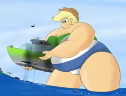 Size: 4200x3200 | Tagged: suggestive, artist:feyzer, derpibooru import, applejack, equestria girls, absurd resolution, applefat, bbw, carrying, clothes, cowboy hat, cruise ship, cute, damaged, fat, female, freckles, giantess, hat, helicopter, huge, macro, obese, ocean, solo, solo female, ssbbw, stetson, swimsuit