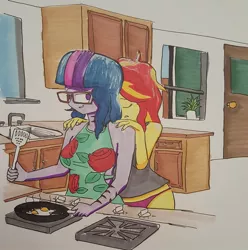 Size: 1024x1032 | Tagged: suggestive, artist:missmayaleanne, derpibooru import, part of a set, sci-twi, sunset shimmer, twilight sparkle, equestria girls, breakfast, clothes, eyes closed, female, glasses, kitchen, lesbian, pan, panties, part of a series, purple underwear, scitwishimmer, shipping, spatula, story included, sunsetsparkle, tanktop, traditional art, underwear