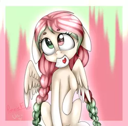 Size: 2605x2549 | Tagged: safe, artist:punzieflower2002, artist:t0xxicart, derpibooru import, oc, unofficial characters only, pegasus, pony, collaboration, female, floppy ears, heart, heart eyes, heterochromia, love letter, mare, raised hoof, sitting, solo, wingding eyes