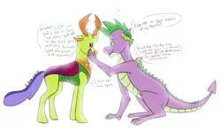 Size: 2235x1327 | Tagged: safe, artist:amandaam, derpibooru import, spike, thorax, changedling, changeling, dragon, to where and back again, blushing, comic, crying, dialogue, gay, heart, king thorax, looking at each other, love, male, older, older spike, open mouth, sad, shipping, simple background, sitting, smiling, story included, thoraxspike, white background