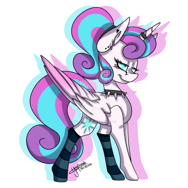 Size: 1024x1024 | Tagged: safe, artist:yupinapegasus, derpibooru import, princess flurry heart, alicorn, pony, choker, clothes, ear piercing, horn ring, lidded eyes, older, piercing, princess emo heart, simple background, socks, solo, spiked choker, striped socks, transparent background, watermark