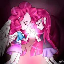 Size: 1024x1024 | Tagged: safe, artist:yupinapegasus, derpibooru import, pinkie pie, equestria girls, angelic wings, bat wings, clothes, crying, duality, eyes closed, heart, pinkamena diane pie, pleated skirt, skirt, socks, wing fluff