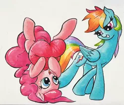 Size: 916x780 | Tagged: safe, artist:kittyhawk-contrail, derpibooru import, pinkie pie, rainbow dash, earth pony, pegasus, pony, cute, eye contact, grin, looking at each other, open mouth, smiling, smirk, traditional art, upside down, walking