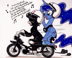 Size: 1697x1367 | Tagged: safe, artist:newyorkx3, derpibooru import, princess luna, oc, oc:tommy junior, alicorn, earth pony, pony, colt, cute, duo, eyes closed, female, friends, helmet, little honda, male, mare, motorcycle, music notes, open mouth, simple background, singing, smiling, song reference, the beach boys, traditional art, white background