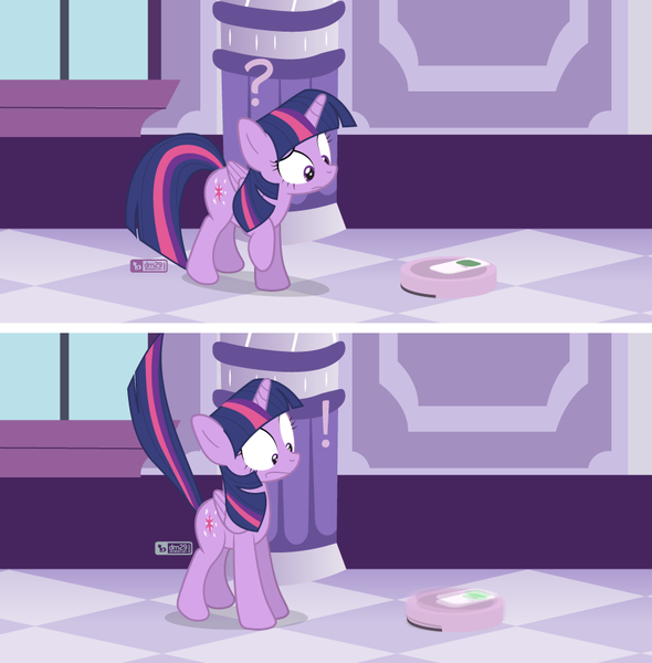 Size: 885x900 | Tagged: safe, artist:dm29, derpibooru import, twilight sparkle, twilight sparkle (alicorn), alicorn, pony, behaving like a cat, curious, cute, exclamation point, question mark, roomba, solo, startled, twiabetes