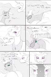 Size: 1280x1920 | Tagged: safe, artist:arareroll, derpibooru import, princess celestia, princess luna, human, pony, ..., comic, dialogue, duo, implied human on pony action, implied interspecies, levitation, lidded eyes, looking at each other, lying down, magic, open mouth, partial color, side, sleep mask, sparkles, telekinesis
