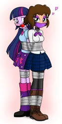 Size: 1200x2400 | Tagged: suggestive, artist:nivek15, derpibooru import, twilight sparkle, oc, oc:chloe adore, equestria girls, arm behind back, art trade, ballgag, bedroom eyes, blushing, bondage, boots, bound together, cloth gag, clothes, collar, cute, duct tape, equestria girls-ified, gag, hands behind back, heart, leg warmers, pantyhose, pleated skirt, scared, shoes, skirt, tape bondage