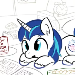 Size: 1280x1280 | Tagged: safe, artist:tjpones, derpibooru import, shining armor, pony, unicorn, chips, comic book, ear fluff, food, oatacola, open mouth, potato chips, prone, reading, shining adorable, soda, soda can, solo, younger