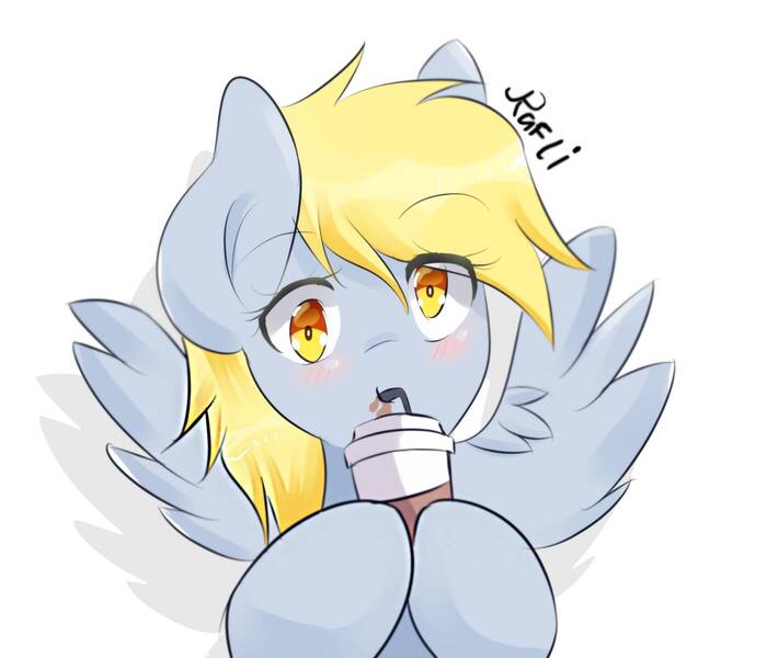 Size: 1400x1200 | Tagged: safe, artist:papibabidi, derpibooru import, derpy hooves, pegasus, pony, blushing, coffee, female, mare, simple background, solo, spread wings, white background