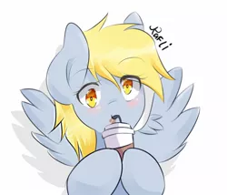 Size: 1400x1200 | Tagged: safe, artist:papibabidi, derpibooru import, derpy hooves, pegasus, pony, blushing, coffee, female, mare, simple background, solo, spread wings, white background