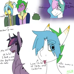 Size: 1688x1688 | Tagged: safe, artist:moonaknight13, derpibooru import, princess celestia, spike, oc, demon, dragon, adult spike, bush, creepy smile, death stare, fangs, offspring, older, parent:princess celestia, parent:spike, smiling, steal yo man, tail, text, tongue out