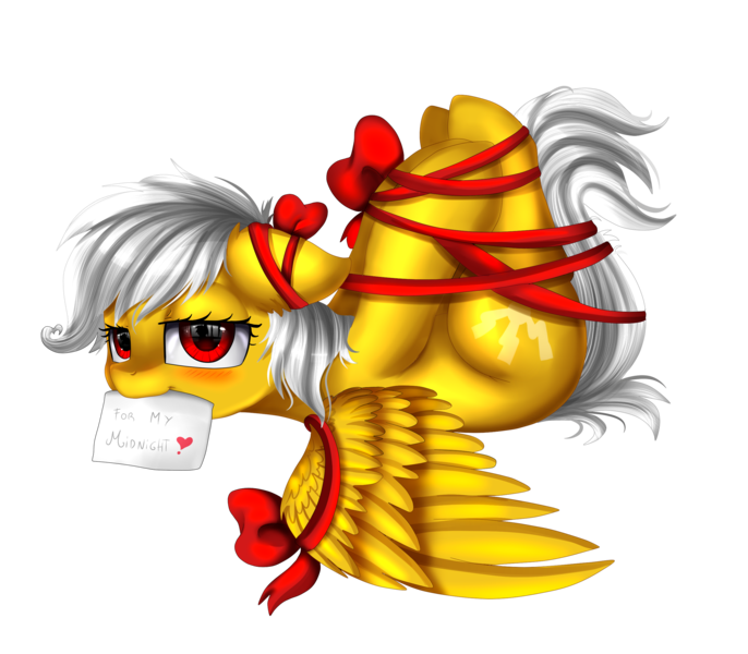 Size: 2600x2275 | Tagged: safe, artist:pridark, derpibooru import, oc, oc:lighting faraday, unofficial characters only, pegasus, pony, bedroom eyes, bondage, card, commission, gift wrapped, happy bondage, heart, hogtied, light bondage, mouth hold, present, ribbon, simple background, solo, transparent background