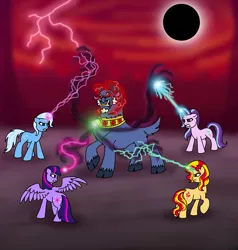 Size: 4652x4888 | Tagged: safe, artist:melspyrose, derpibooru import, grogar, starlight glimmer, sunset shimmer, trixie, twilight sparkle, twilight sparkle (alicorn), alicorn, pony, unicorn, absurd resolution, cloven hooves, counterparts, dark magic, eclipse, lightning, magic, male, raised hoof, ram, tartarus, twilight's counterparts