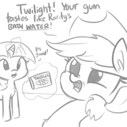 Size: 792x792 | Tagged: safe, artist:tjpones, derpibooru import, applejack, twilight sparkle, earth pony, pony, unicorn, angry, applejack is not amused, bubblegum, chest fluff, dialogue, duo, female, food, grayscale, gum, implied rarity, levitation, magic, monochrome, nose wrinkle, open mouth, sketch, smiling, telekinesis, unamused