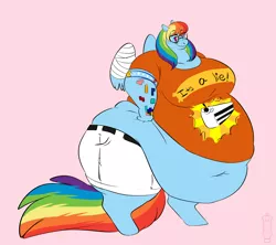 Size: 4318x3840 | Tagged: absurd resolution, anthro, artist:mangoicy, bbw, belly, belly button, clothes, derpibooru import, dork, fat, freckles, glasses, impossibly large belly, injured wing, morbidly obese, nerd, nerd pony, obese, pac-man, pink background, rainblob dash, rainbow dash, rainbow dork, safe, shirt, shorts, simple background, solo, ssbbw, tattoo, unguligrade anthro