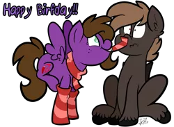 Size: 4000x2928 | Tagged: safe, artist:befishproductions, derpibooru import, oc, oc:befish, unofficial characters only, bat pony, pegasus, pony, clothes, duo, female, freckles, happy birthday, male, mare, party horn, scarf, signature, simple background, sitting, smiling, socks, spread wings, stallion, striped socks, transparent background