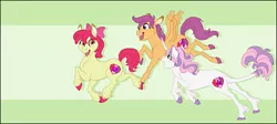 Size: 1058x476 | Tagged: safe, artist:nattikay, derpibooru import, apple bloom, scootaloo, sweetie belle, classical unicorn, pony, unicorn, cloven hooves, cutie mark crusaders, leonine tail, unshorn fetlocks