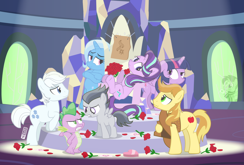 Size: 1480x1000 | Tagged: safe, artist:dm29, derpibooru import, braeburn, double diamond, rumble, spike, starlight glimmer, sunburst, trixie, twilight sparkle, twilight sparkle (alicorn), alicorn, dragon, earth pony, pegasus, pony, unicorn, against glass, bipedal, braeglimmer, crack shipping, crossed hooves, cutie mark, flower, glass, glimmerburn, glimmerdiamond, gritted teeth, heart, hearts and hooves day, lidded eyes, looking at each other, looking back, male, raised eyebrow, raised hoof, rose, shipping, shipping war, sitting, smiling, sparlight, starburst, starlight glimmer gets all the stallions, straight, underhoof, valentine's day, wavy mouth