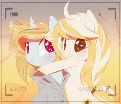 Size: 1537x1324 | Tagged: safe, artist:sorasku, derpibooru import, oc, oc:painted smiles, oc:sun dance, unofficial characters only, earth pony, pony, unicorn, clothes, female, hoodie, hug, mare